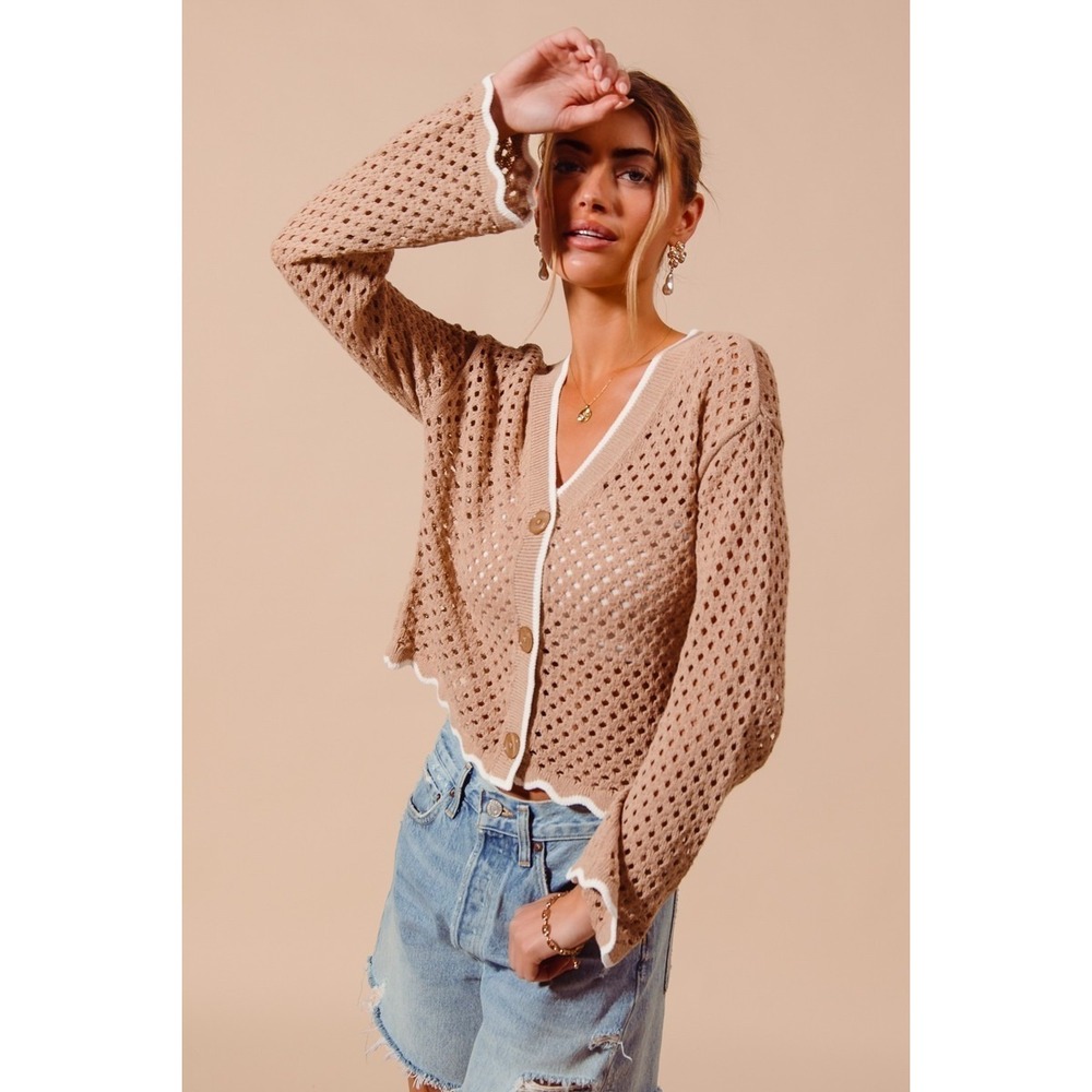 SO‎ ME Open Knit Light Weight Sweater Cardigan With Contrast Wavy Scallop Edge L - Picture 8 of 10
